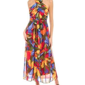 London Times Dress 6 Petite Colorful Floral Maxi Criss Cross Halter Maximalist
